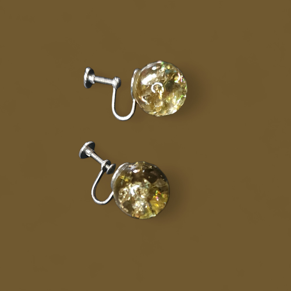 Vintage round yellow clear glass screw back earrings silver-tone